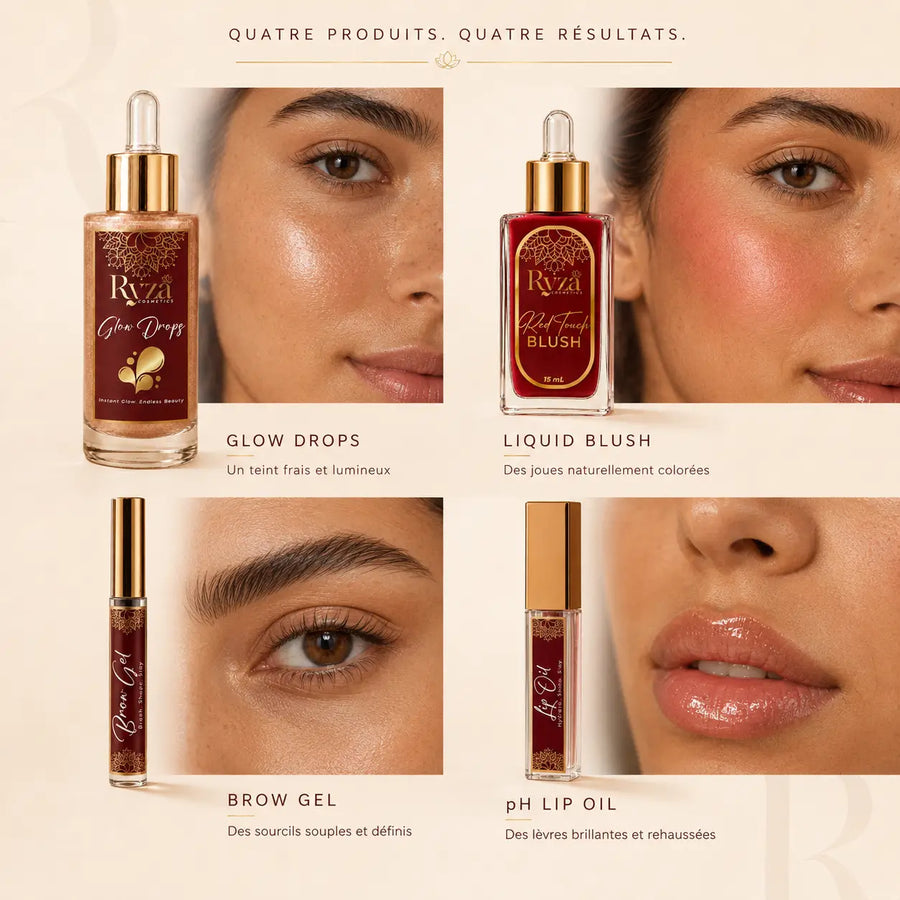 RYZA Glow Pack — ordre Glow Drops blush Brow Gel Lip Oil