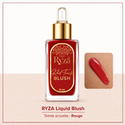 Square editorial product-information card. Make the exact RYZA Liquid Blush large and central on a c